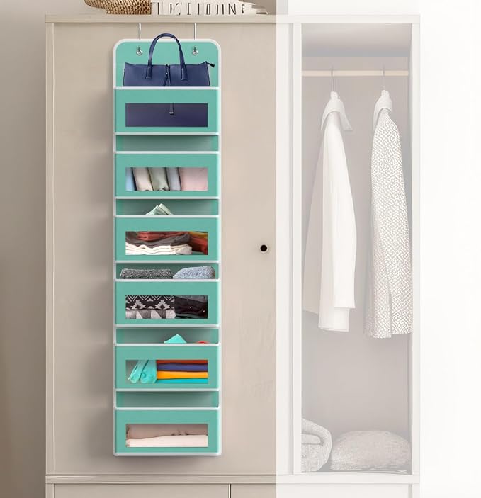 Simple Houseware 6 Clear Pocket Over Door Hanging Organizer, Turquoise | Over the Door Storage for Closet, Bedroom, Bathroom, Pantry