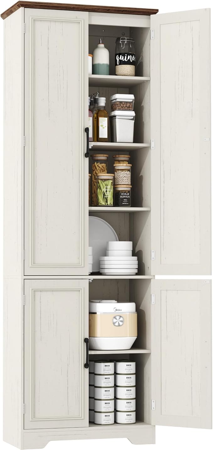 Function Home Farmhouse Kitchen Pantry Cabinet, 72" Tall Storage Cabinet with Doors and Adjustable Shelves, 6 Tier Freestanding Cupboard for Dining Room Living Room Bathroom, Antique White & Brown Top