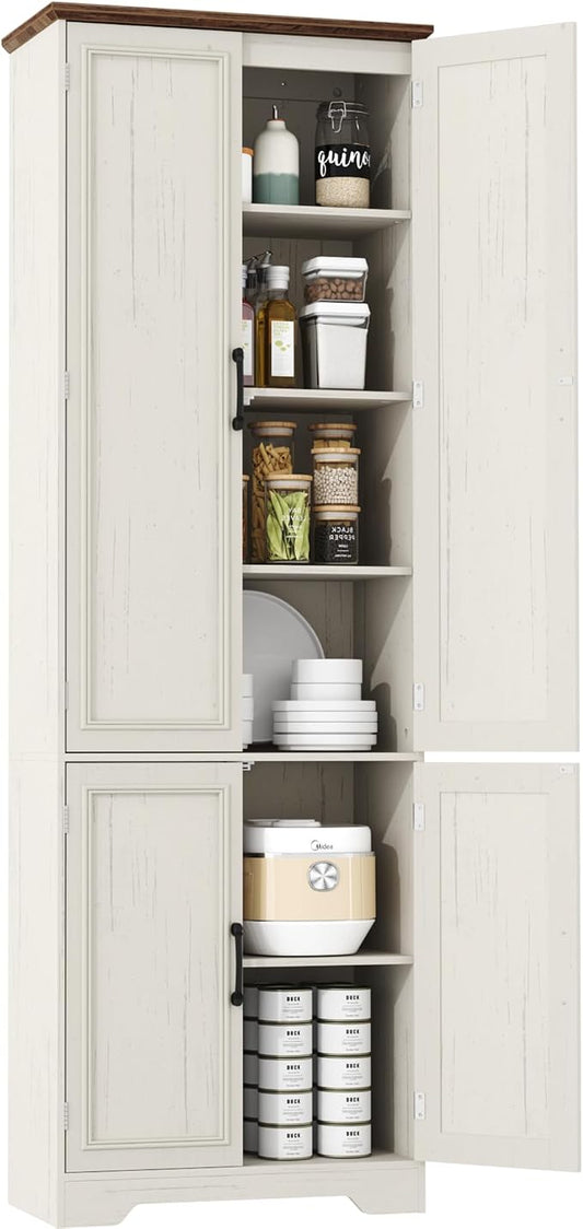 Function Home Farmhouse Kitchen Pantry Cabinet, 72" Tall Storage Cabinet with Doors and Adjustable Shelves, 6 Tier Freestanding Cupboard for Dining Room Living Room Bathroom, Antique White & Brown Top