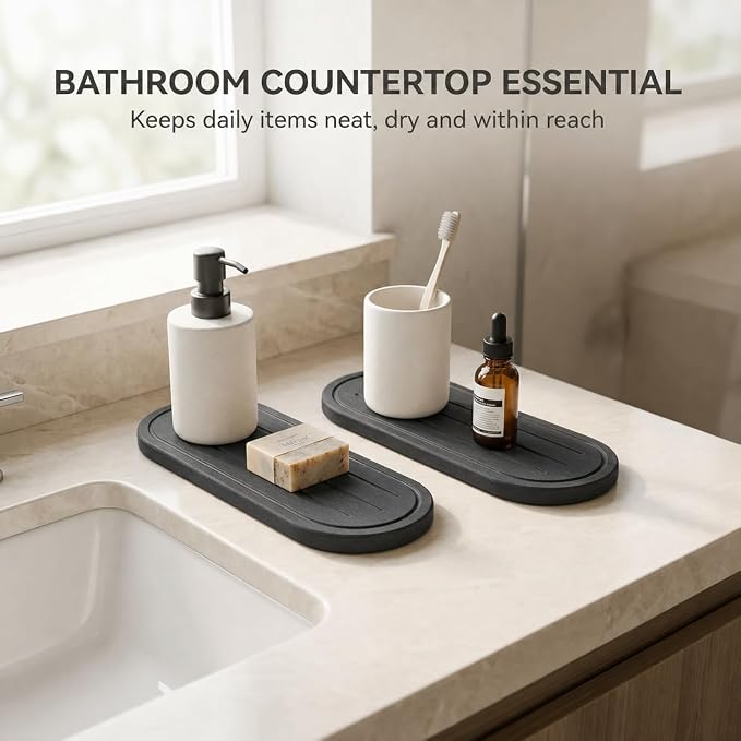 2PCS Water Absorbing Stone Drying Tray Mat for Bathroom Sink & Kitchen Counter Faucet Organizer Decor, Quick Dry Dish Soap Dispenser Sponge Holder, Vanity Caddy Coaster,Dark Gray -10"*3.8"