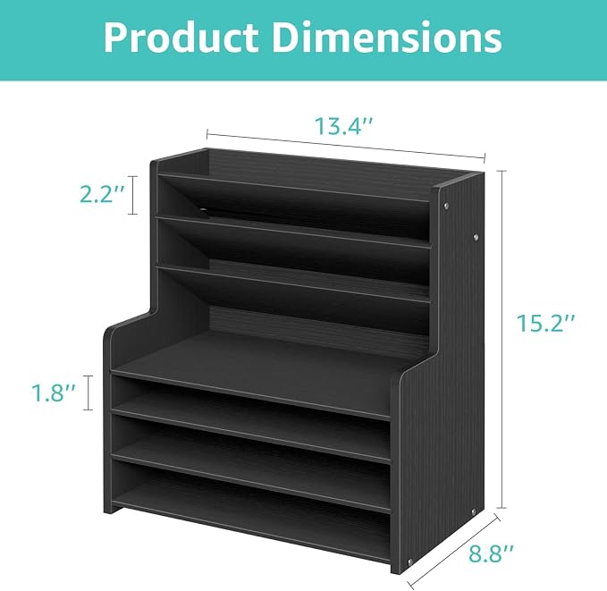 7 Tier Black Desk Organizer with File Holder, Wood Desktop Paper Organizer for Office Organization, Vertical Document Sorter and Letter Tray for Desk, School Storage Orgnizer Shlef