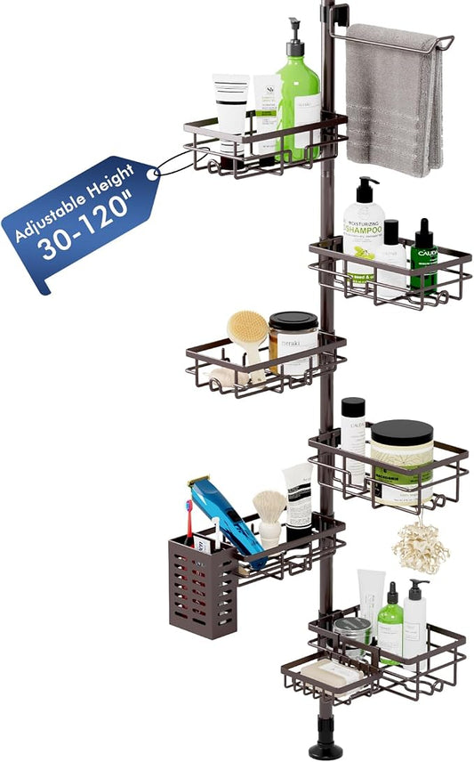 Corner Shower Caddy Tension Pole, Bathroom Organizer and Storage for Shower | Adjustable 30-120 Inch Shelves, 6-Tier Shelf, Rustproof Towel Bar & Soap Dish &Toothbrush Holder Shower Rack