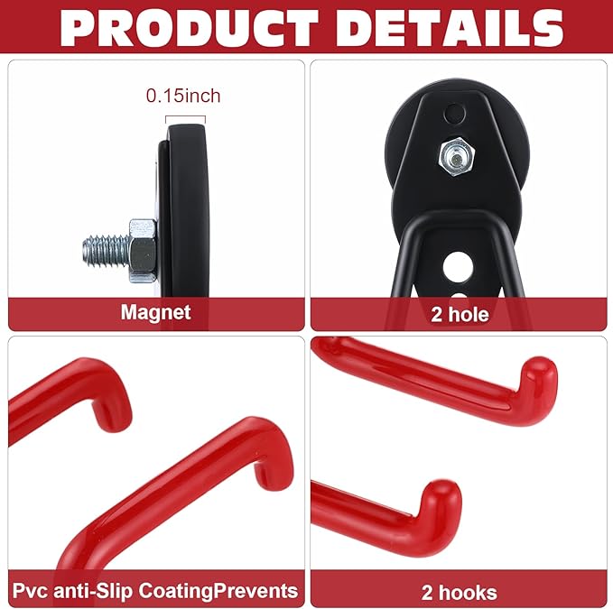 Landhoow 6 Pcs Large Magnetic Hooks Heavy Duty Garage Magnet Hooks Strong Storage Utility Magnetic Hangers with Anti Slip Rubber Coating for Indoor and Outdoor Hanging (Red)