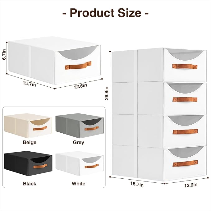 Homsorout Stackable Storage Drawers - Large Collapsible Storage Bins with Drawers, 6 Pack Closet Shelf Organizer Basket, Fabric Pull Out Organizer for Bedroom, Living Room, Dorm, White