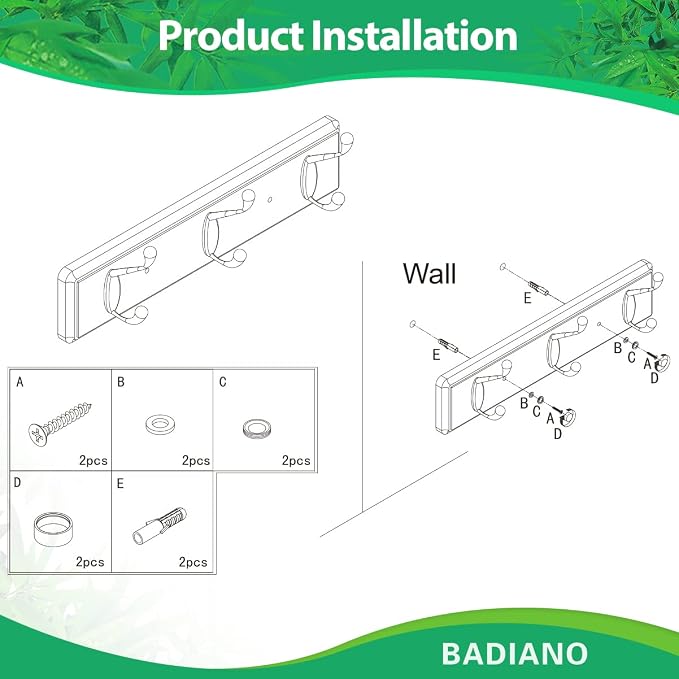 Badiano Wooden Coat Rack, Wall-Mounted Organizer for Closet, Entryway, Hallway, Foyer, Bedroom, Heavy Duty Double Hooks for Hanging Towels, Bags, Hats, Jackets, Key (Black, 3 Hooks)