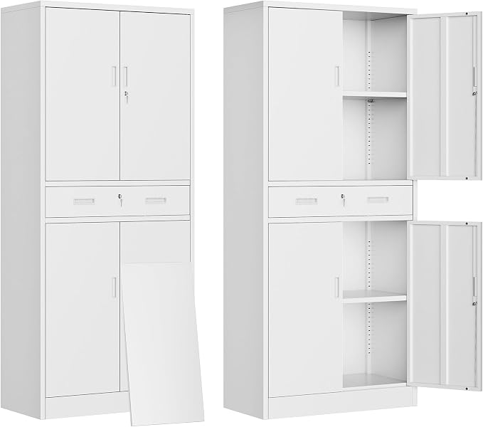 CJF 71" H Tall Metal Storage Cabinet with Drawer, Locking Garage Cabinet with 2 Adjustable Shelves, Heavy-Duty Tool File Storage Cabinets for Home Office, Kitchen, Warehouse, Shop (White)