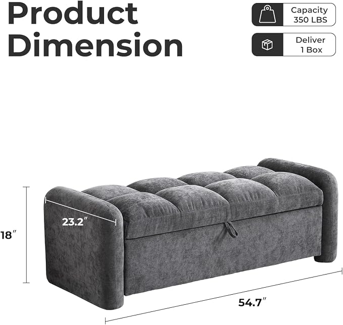 Oversized Chenille Ottoman Bench with Storage, Upholstered End of Bed Bench for Bedroom, Ottoman Foot Rest for Living Room, Dark Grey