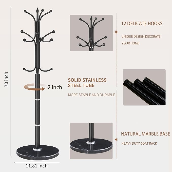 Coat Rack Stand,Black Metal Coat Rack Freestanding with 12 Hooks | Modern Coat Rack with Natural Marble Base,Heavy Duty Coat Hanger Stand, Coat Hall Clothes Tree Stand for Office,Bebroom