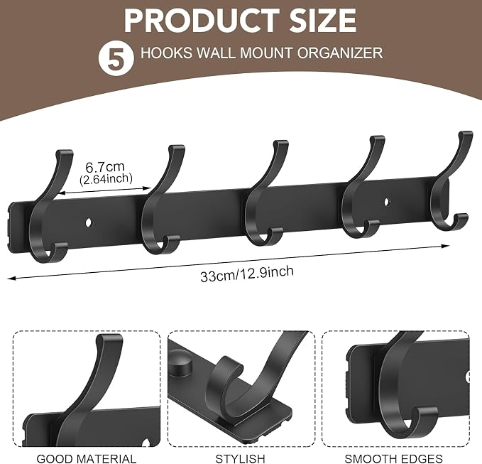 Wall Mount Coat Rack 2 Pack, Black Coat Hooks Hanger with 5 Double Hooks | Zinc Alloy, Smooth Hook Edges, Screw Installation, Double Hooks，Greater Storage Space for Hanging Robes, Clothes, Bags, Hat