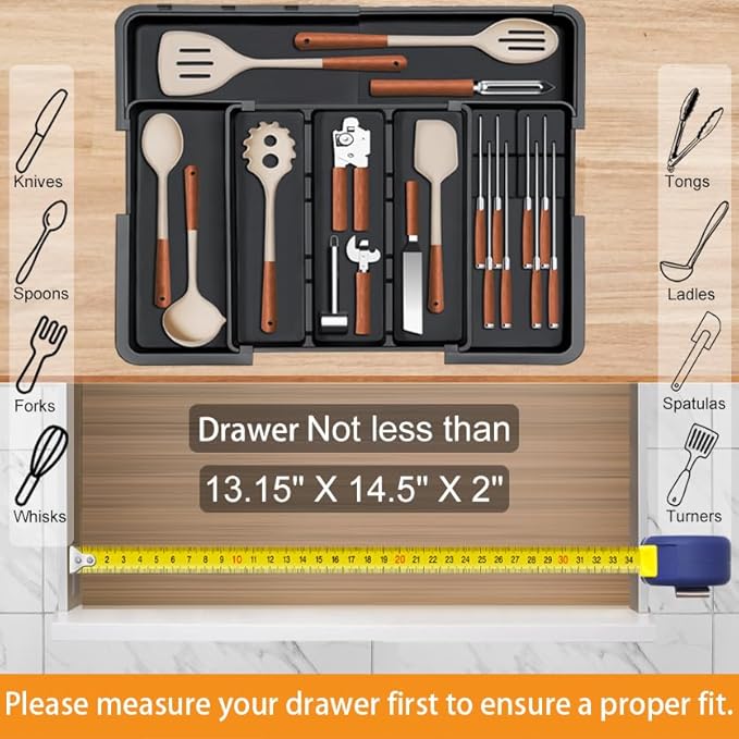 Large Utensil Drawer Organizer for Kitchen, Expandable Silverware Organizer Utensil Holder, Cutlery and Flatware Cooking Tray, Kitchen Drawer Organizers and Storage with Removable Knife Block, Black