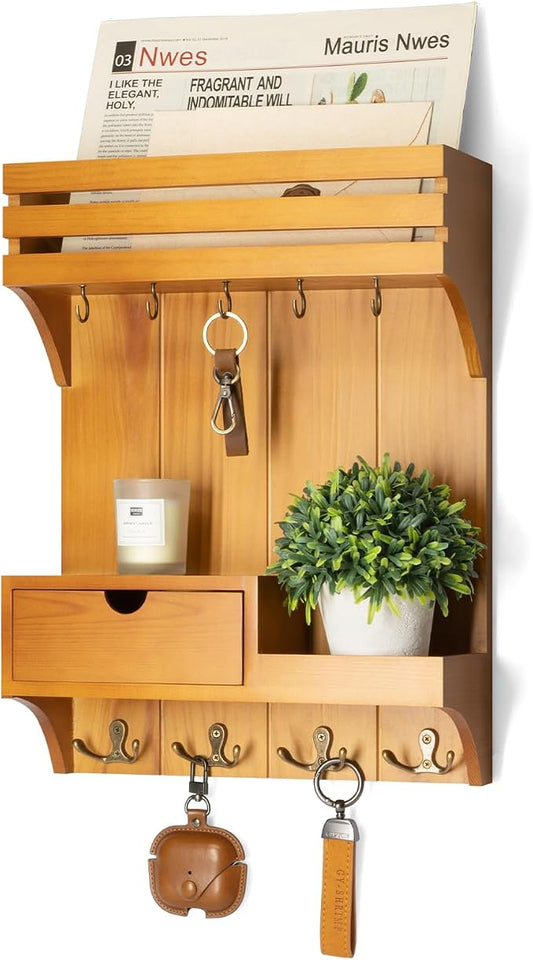 Rebee Vision Key Holder Wall Mount with Drawer for Room Decor, Light Brown | Pine Wood, Key Holder for Wall, 9 Key Hooks, Drawer Organizer, Floating Wall Shelf, Mail Sorter, Room Decor Aesthetic