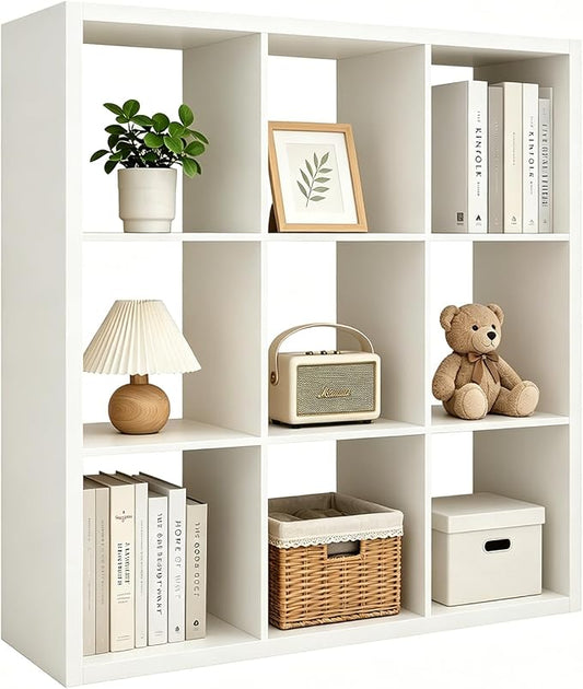 CTESNE【Wooden Thick Frame 9 Cube Storage Organizer Shelf with Anti-Tipping Kits + Reversible Open Back Bookcase, Horizontal and Vertical Dual-use Standing Bookshelf（White,13inch）