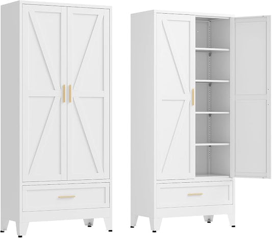 71" Tall Kitchen Pantry Cabinet,Farmhouse Pantry Cabinet,Metal Cabinet with Adjustable Shelves and Drawer,Storage Cabinet for Kitchen Dining Room Garage,White 1 Pack