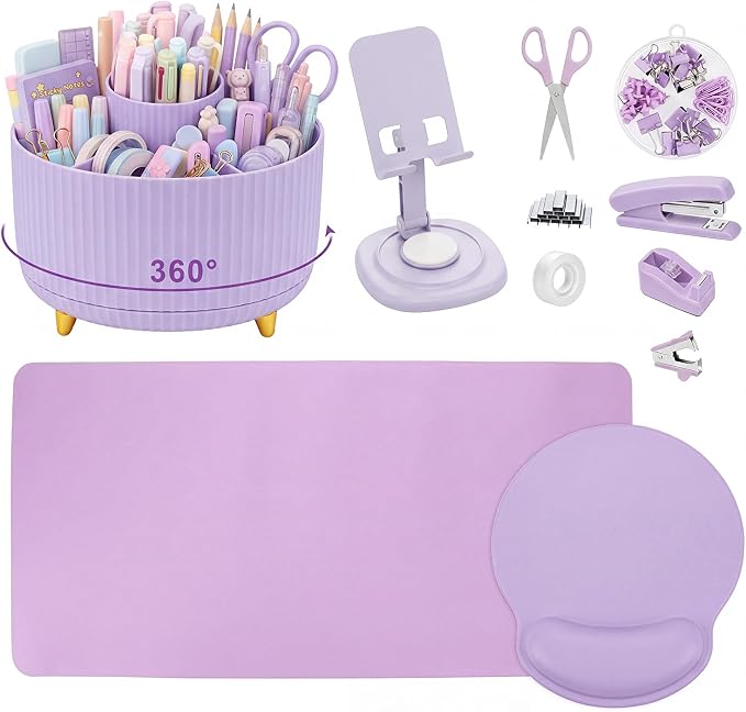 76Pcs Purple Desk Accessories Set, Office School Supplies for Women Girls | Cute 360° Rotating Pen Holder for Desk/Mat/Wrist Rest Mouse Pad/Phone Stand and More, for College Teacher Back to School