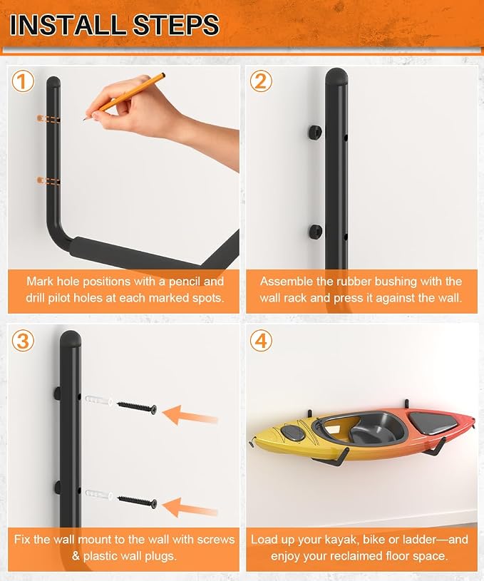 Heavy Duty Kayak Storage Rack with EVA Foam & Rubber Bushing, Wall Mount Kayak Hangers Large Hooks for Garage Hanger Canoe, Surfboard, Skiboard, Snowboard, Paddle Board, Ladders, Bike