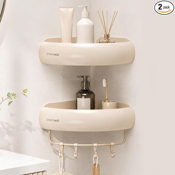 Corner Shower Caddy Adhesive Mount, No Drilling Shower Organizer | 2 Pack, Includes Hooks &Hanging Bar, Rustproof Aluminum, 2 Installation Ways, Wall-Mounted Bathroom Organizer Storage Shelves