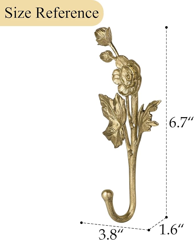 SOFFEE DESIGN 2pcs Metal Gold Coat Hooks with 3D Flowers & Buds Shape, for Entryway, Bathroom, Bedroom Home Decoration