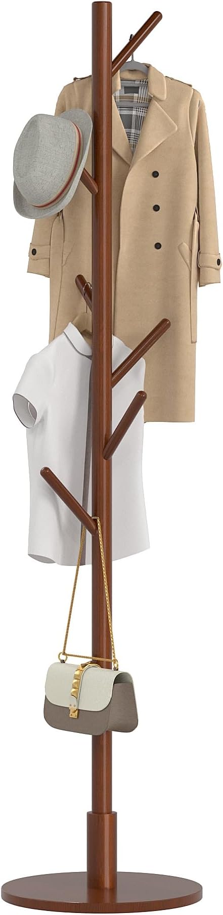VECELO Coat Rack Freestanding, Entryway Hanger Stand, Umbrella Holder, Hall Tree With Hooks, Floor Standing Tree Stand,Walnut