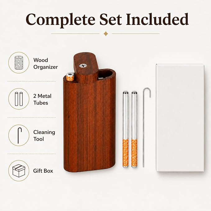 𝗢𝗻𝗲 𝗛𝗶𝘁𝘁𝗲𝗿 𝗣𝗶𝗽𝗲 Wood Storage Box Organizer Complete Set with 2 Metal Tubes and Cleaning Tool - Decorative Boxes for Crafts, Sewing, Keepsake,for Home Office Storage.