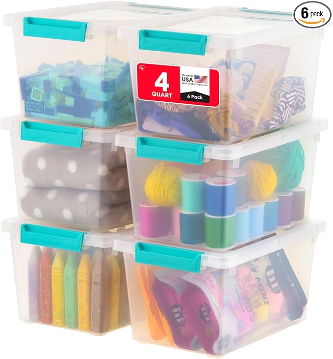 IRIS USA Storage Bins with Lids |Made in USA| 4 Qt - (6-Pack) - Clear | Sensory Craft Organizers, Plastic Clip Box Totes, Flat Containers for Organizing Paper, Office, Art & Study Supplies
