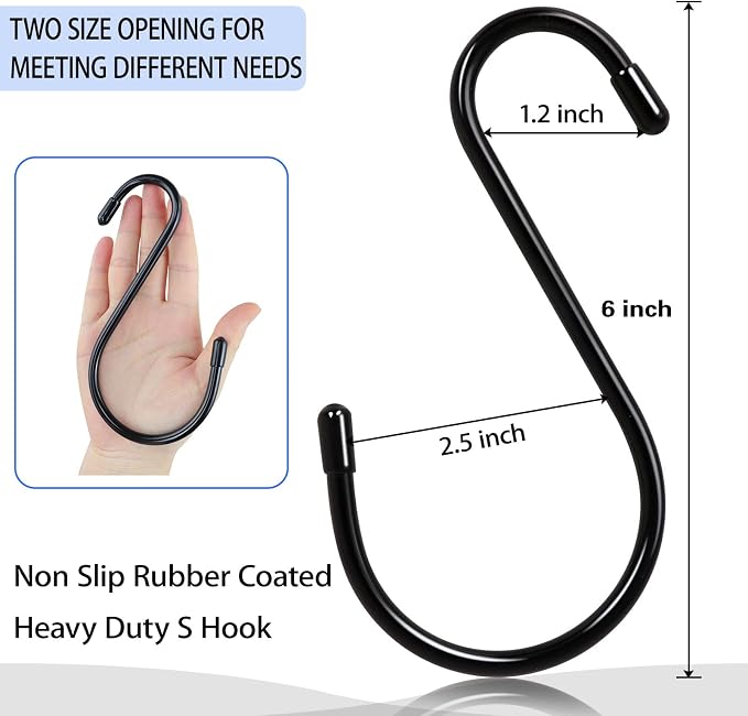 DINGEE 6 Pack Large S Hooks, Rubber Coated, Heavy Duty Non Slip, Black Vinyl Coated Closet S Hooks for Hanging Plants, Jeans, Pot, Pan, Garden, Bird Feeders
