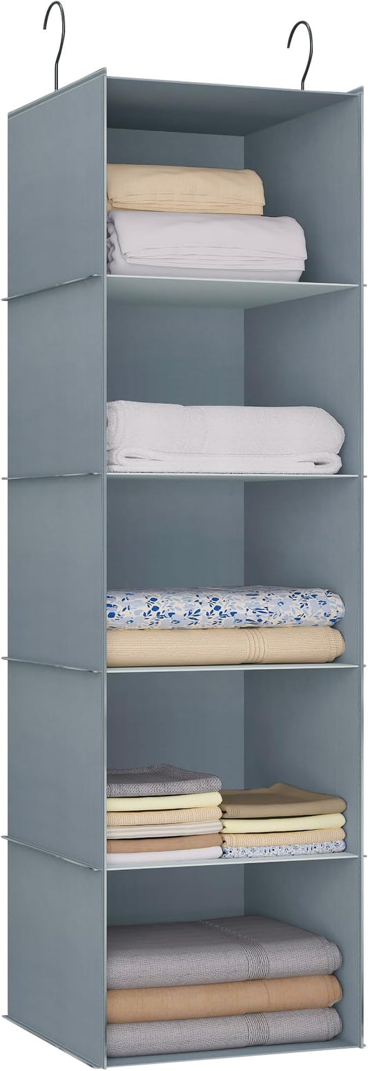 Hanging Closet Organizer 5-Shelf, Oxford Fabric Wardrobe Storage, Gray | Easy-mount foldable design holds clothes, handbags, shoes & accessories; washable Oxford fabric, sturdy and space-saving.