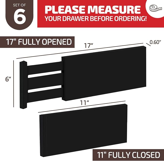 6 Pack Black Drawer Dividers - 6 Inch High for Deep Drawers, Adjustable 11.5 to 17 Inch Expandable Kitchen Drawer Organizer, Spring Loaded Dresser Separator for Clothes, Bedroom, Bathroom, Office