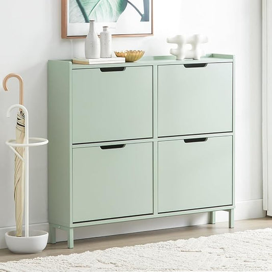 Haotian Green Shoe Cabinet with 4 Flip-Drawers | Narrow Freestanding Shoe Rack, Slim Shoe Organiazer for Entryway Hallway Mudroom, FSR100-GR