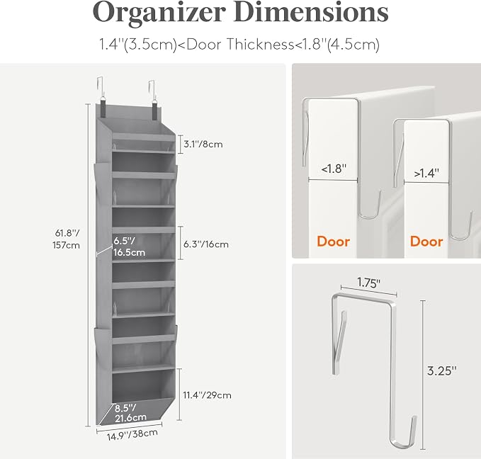 Lifewit 1 Pack Over the Door Organizer, 6 Section Clear Window Hanging Storage with 4 Side Pockets, Sturdy Anti Tilt 40 lbs Load Behind Door for Closet, Bedroom, Bathroom, Nursery, Dorm, Gray