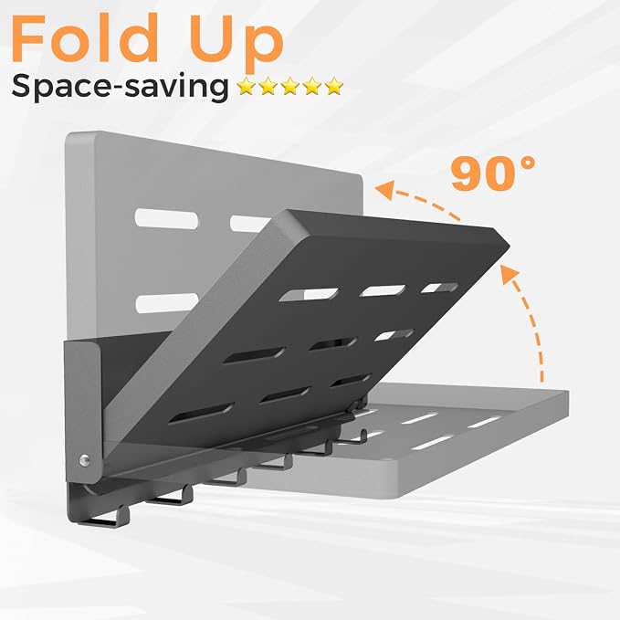 Small Folding Metal Shelf with Hooks, Fold-up Wall Shelf, 6 Hooks, Drop Down Floating Shelf for Laundry Room, Kitchen, RV, Toilet Room, Garage, Utility, Black（11.8", 1 Pack）