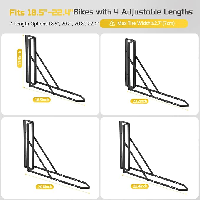 Swivel Bike Wall Mount 2 Pack, Bike Hanger for Garage, Bicycle Wall Rack for 18.5–22.4 in Wheels, Space -Saving Wall Bike Rack for Road, MTB & E-Bikes, Holds up to 77 lb