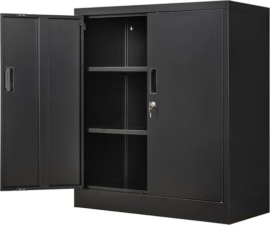 Wanfu Metal Storage Cabinet, 36" H Locking Storage Cabinet with 2 Adjustable Shelves, Metal Cabinets for Garage, Home, Office, Utility Room-Black