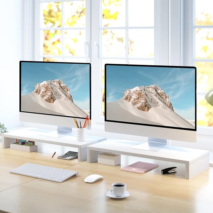 TEAMIX 2 Pack White Monitor Stand Riser 20 inch, Wooden Desktop Stand Shelf | For 2 Monitors, Laptop, Printer, TV, PC Tower, Full Keyboard Storage Underneath, Desk Organizer for Home Office Gaming Vanity