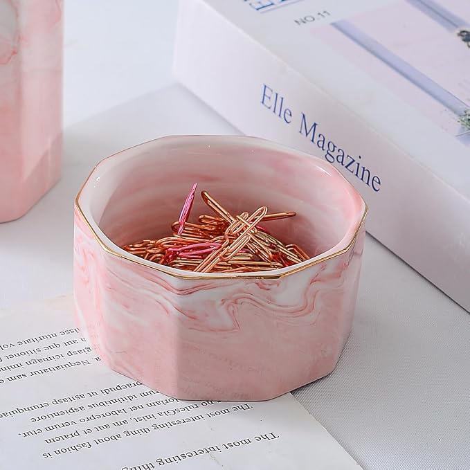 Desk Organizer Set of 2 For Office, Pen Holder and Paper Clip Holder, Ceramic Cute Pencil Cup for Desk, Paper Clip Dispenser for Desktop, Makeup Brush Holder Ideal Gifts for Women, Mom (Pink)