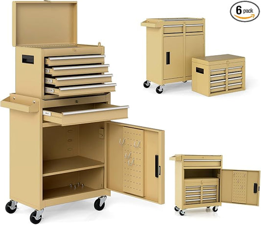 Goplus Tool Chest, 5 Drawers Rolling Tool Cabinet with Detachable Top Toolbox, Universal Lockable Wheels, Lock Bar, Protective Liner & Tool Rack, Metal Tool Storage Cart, Tool Box for Garage Workshop