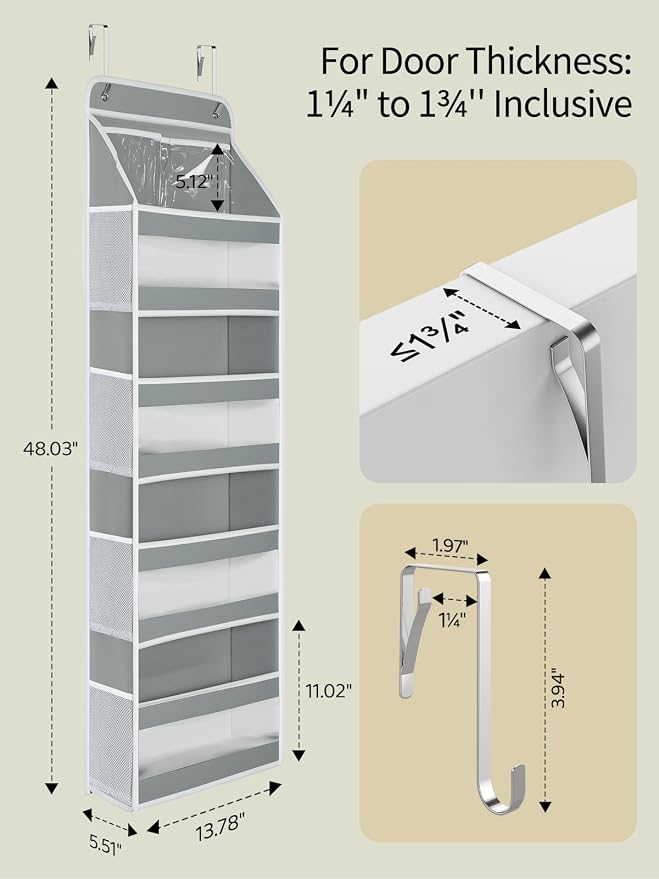 Yecaye 5 Tier Over the Door Organizer, Swing-proof Door Organizer Hanging with Clear PVC Windows, Behind the Door Storage for Bedroom Nursery Closet Laundry Pantry Bathroom, Grey