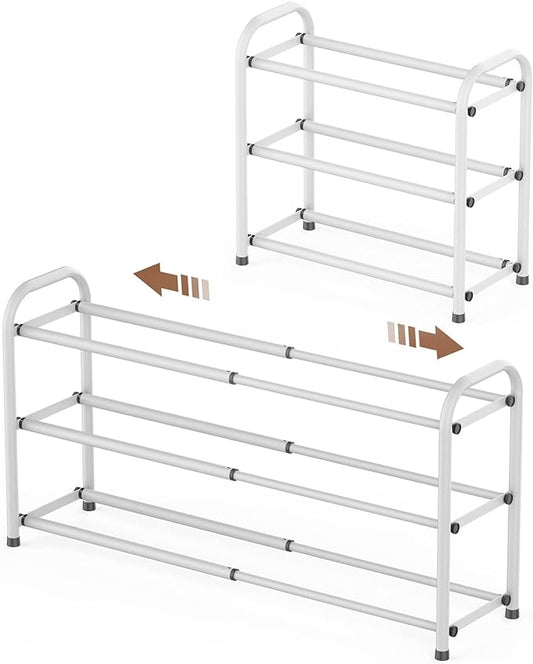 Gonfoam Expandable 3-Tier Shoe Rack for Closet and Entryway, White | Tool-Free Assembly, Metal Material, Adjustable Shoe Organizer, Sturdy, Small Space Solution, Dorms, Garages, Apartments.