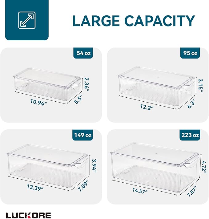 4 Piece Refrigerator Organizer Bins, Clear Fridge Organizers with Lids | Clear Fridge Storage, Food Storage Containers Clear and Stackable for Fruit, Vegetable, Drinks, Cereals