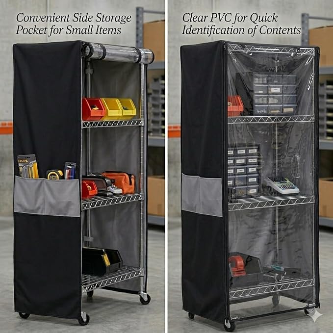 Wire Shelving Storage Cover Waterproof Dustproof Clear Window 600D 36x18x72 | garage kitchen basement storage, protects items from dust dirt and moisture, easy maintenance