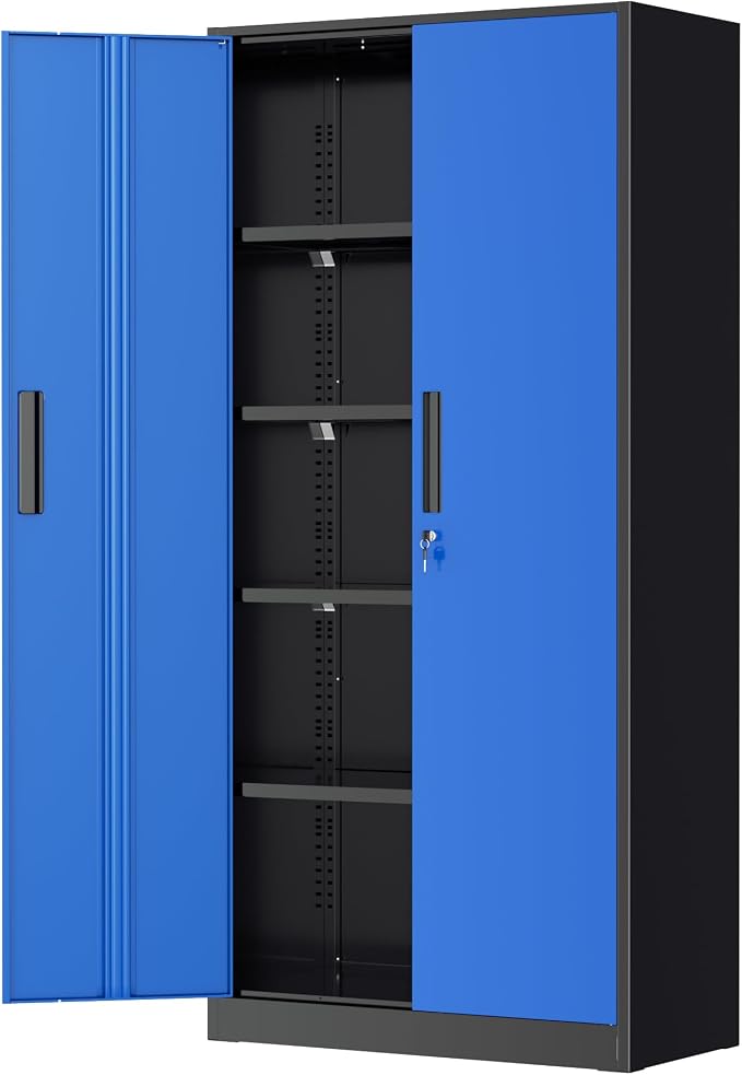 Greenvelly Metal Garage Storage Cabinet, 72" Black Blue Tool Steel Locking Cabinet with Doors and 4 Shelves, Tall Cabinets for Garage Storage Systems Lockable File Cabinet for Home Office,Garage