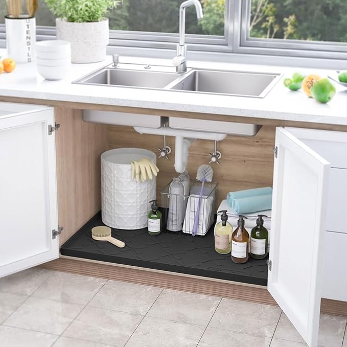 SIKADEER Waterproof Under Sink Mat Food-Grade Kitchen Shelf Liner 34" x 22" | Thick Raised Edge Cabinet Protector, BPA Free Kitchen Organizer and Storage, Non-Slip Dog & Cat Mat, Silicone Drying Mat
