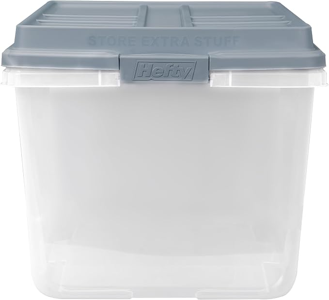 Hefty 72 Quart Hi-Rise Storage Bin with Lid, Stackable Plastic Container Tote for Home, Office, and Classroom Organization, 6 Pack, Smoke Blue