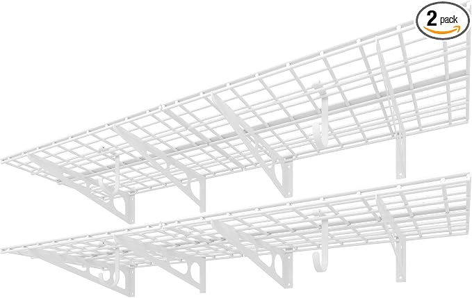 FLEXIMOUNTS 2-Pack 2x6ft Garage Shelving with Hooks, 1400lbs Load, White | 24"x72" Wall Shelf Garage Storage Rack Floating Shelves for Garage Workshop, Rustproof Seamless Grid Design, Classic Series