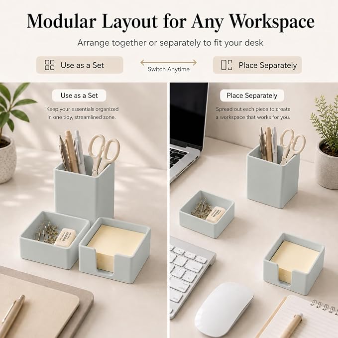 minimaliving Aesthetic Silicone Desk Organizer Set of 3,Modern Office Desk Accessories with Pen Holder,Paperclip Tray,Sticky Note Holder,Stylish Functional Office Desk Decor for Back-to-school(Grey)