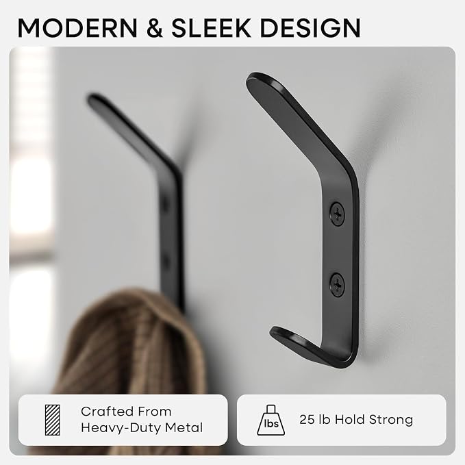Wall Coat Hook Rack - Set of 2 - Black Metal Hooks for Hanging Coats - Hat Hooks - Hat Hangers for Wall