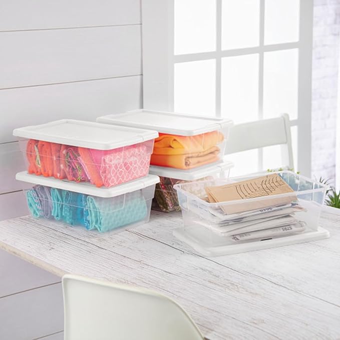 Sterilite 6 Quart Clear Storage Bins with Lids, 18-Pack Plastic Storage Containers, Clear Stackable Storage Bins Box for Closet, Garage, Classroom, Home Organization and Storage, Cloth Included
