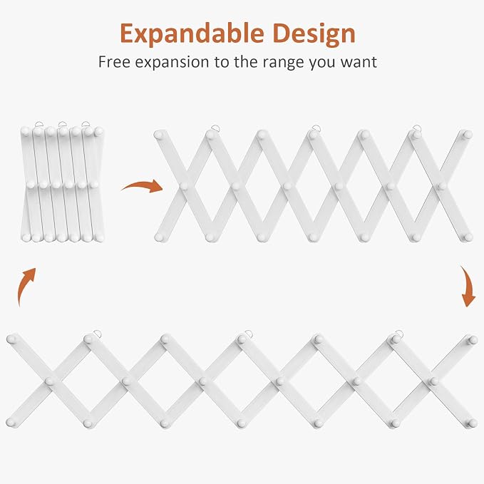 Accordion Wall Hanger, Hat Rack for Wall with 20 Coat Hooks, Expandable Hat Hangers Organizer, Vintage Decorative Coat Rack Wall Mount for Purse, Mug(White)