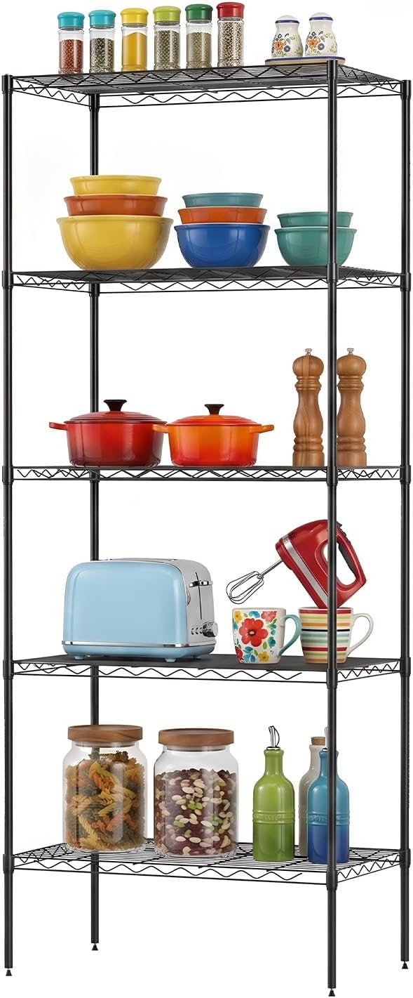 BestOffice | 5-Tier Wire Shelf | 14" x 24" x 60" | Black | Storage Shelves with Adjustable Racks, Holds upto 750 lbs | Rust-Resistant, No-Tool Assembly | For Home, Garage