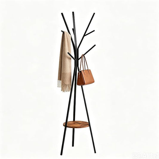 HOME BI Coat Rack, Coat Hanger Stand with Shelves, Freestanding Hall Tree, Metal Hat Hanger with 9 Hooks for Clothes Hats and Scarves, Black and Rustic Brown(Black+Rustic Brown)