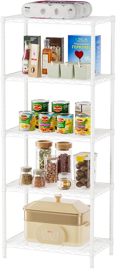 SINGAYE 5 Metal Shelves Wire Shelving Storage Shelf Adjustable Unit Pantry | 5 Tier Kitchen Laundry Room Organization Home Pantry Closet Bathroom Organizers Garage Rack 14" D x 24" W x 59.5" H White